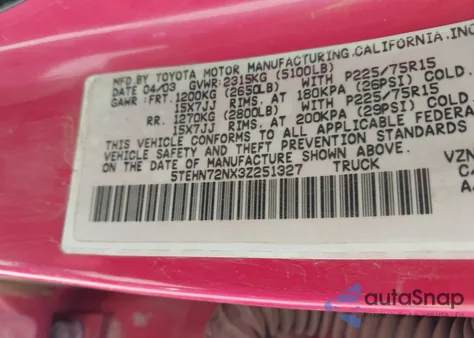2003 Toyota Tacoma Base V6 z USA, uszkodzony, nr VIN 5TEHN72NX3Z251327